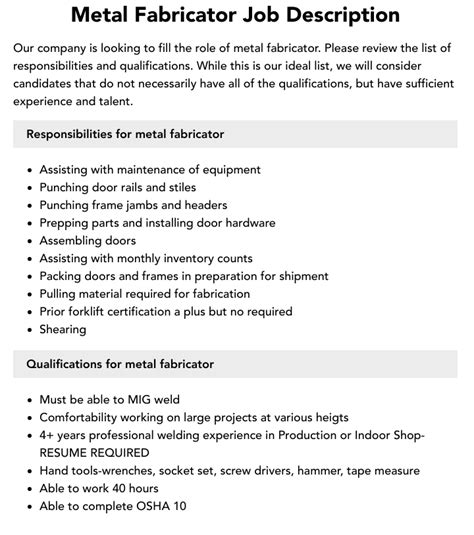 careers metal fabrication company|metal fabricator job description.